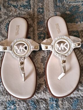 Michael Kors White and Gold MK Logo T-Strap Aubrey Sandals